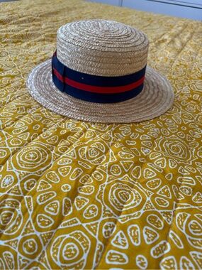 Straw Boater Hat with Navy & Red Ribbon - Kids Accessories
